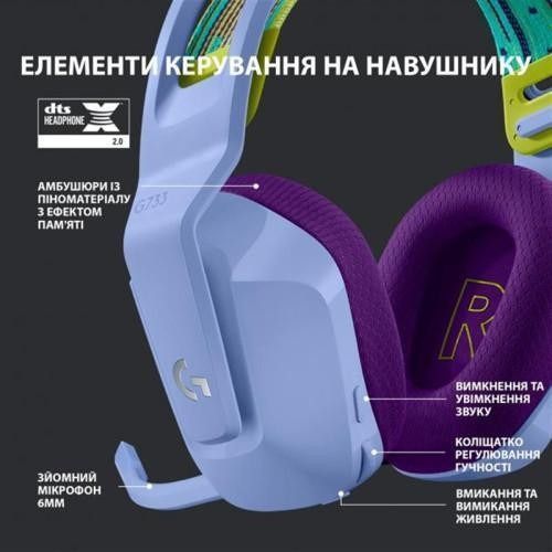 Навушники з мікрофоном Logitech G733 Lightspeed Wireless RGB Lilac (981-000890) 981-000890 фото